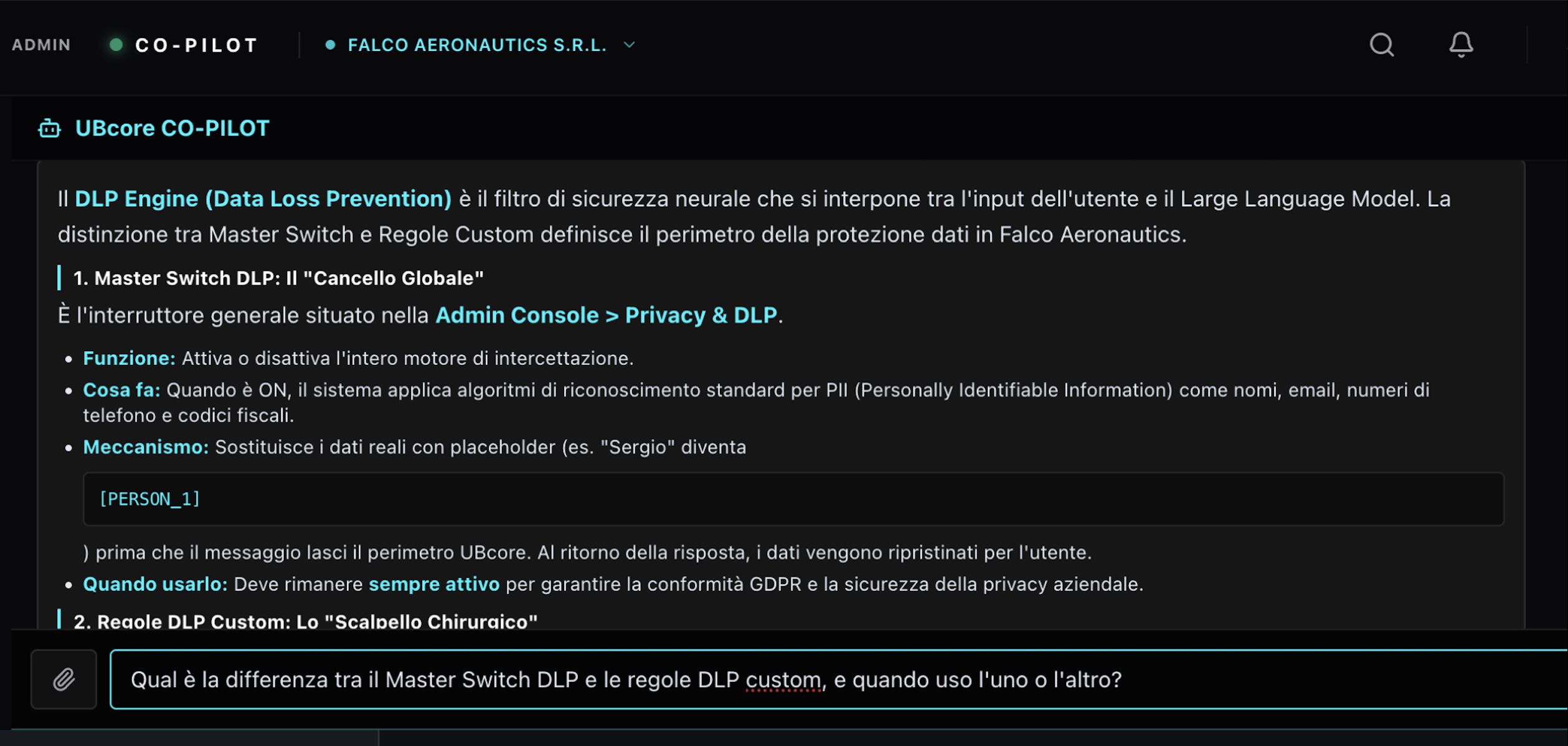 Il Co-Pilot risponde come un consulente: spiega le possibilità e indica la strada, non recita istruzioni.